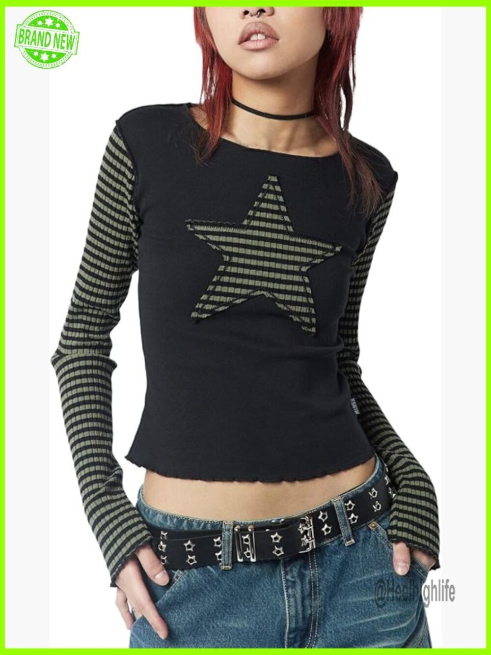 Vintage Star Pattern Stripes Patchwork Crop Top Long Sleeve Y2K Streetwear